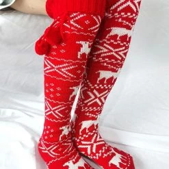 Levency New In Christmas Elk Over Knee Knitted Hairball Socks