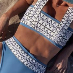 Levency Stripe Patchwotk High Waist Bikini Set