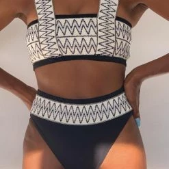 Levency Stripe Patchwotk High Waist Bikini Set