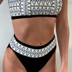 Levency Stripe Patchwotk High Waist Bikini Set