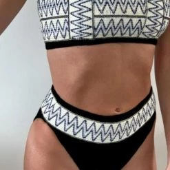 Levency Stripe Patchwotk High Waist Bikini Set