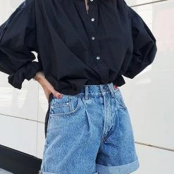 Levency Classic Pocket High Waist Denim Shorts