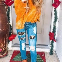 Levency New In Leopard Patches Distressed Jeans