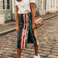 Levency Colorful Sequin Slit Skirts