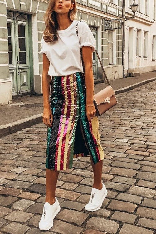 Levency Colorful Sequin Slit Skirts 1 Levency Colorful Sequin Slit Skirts