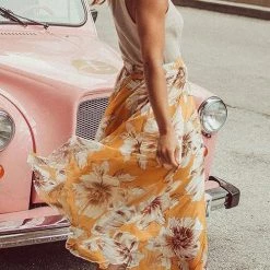 Levency New In Floral Print Chiffon Maxi Skirts