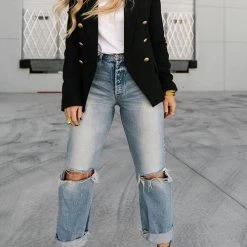 Levency Broken Hole Raw Edge Straight Leg Jeans New In