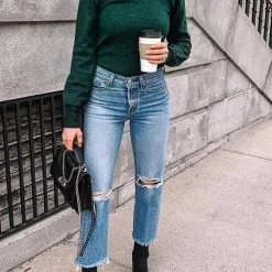 Levency Broken Hole Raw Edge Straight Leg Jeans New In