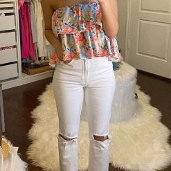 Levency Broken Hole Raw Edge Straight Leg Jeans New In