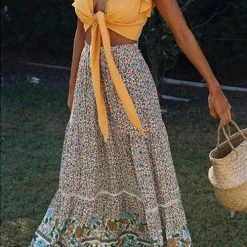 Levency New In Floral Print Drawstring Waist Maxi Skirts