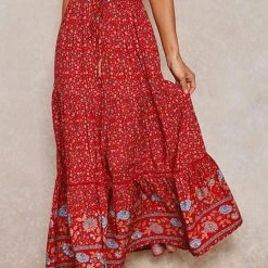 Levency New In Floral Print Drawstring Waist Maxi Skirts