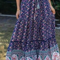 Levency New In Floral Print Drawstring Waist Maxi Skirts