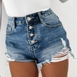 Levency New In Ripped Button High Waist Denim Shorts