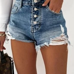 Levency New In Ripped Button High Waist Denim Shorts