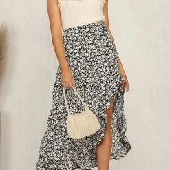 Levency New In Asymmetric Floral Print High Waist Skirts