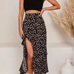 Levency New In Asymmetric Floral Print High Waist Skirts