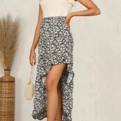 Levency New In Asymmetric Floral Print High Waist Skirts