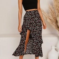 Levency New In Asymmetric Floral Print High Waist Skirts