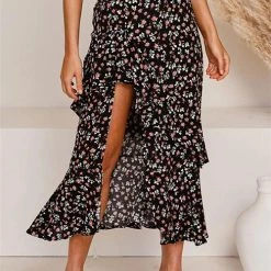 Levency New In Asymmetric Floral Print High Waist Skirts