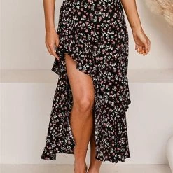 Levency New In Asymmetric Floral Print High Waist Skirts