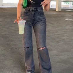 Levency New In Black Borken Hole Straight Leg Jeans