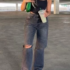 Levency New In Black Borken Hole Straight Leg Jeans