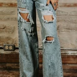 Levency Acid Wash Distressed Wide Leg Jeans New In