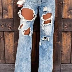 Levency Acid Wash Distressed Wide Leg Jeans New In