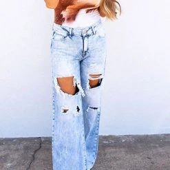 Levency Acid Wash Distressed Wide Leg Jeans New In