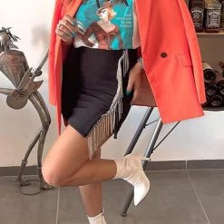 Levency Rhinstone Tassels Slit Skirts