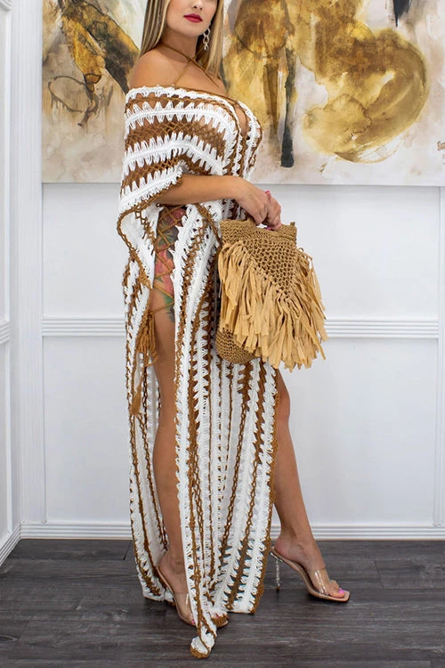 Levency New In Stripe V Neck Side Slit Hollow Caftan Dress 4 Levency New In Stripe V Neck Side Slit Hollow Caftan Dress