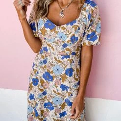 Levency Blue Floral Puff Sleeve Midi Dress