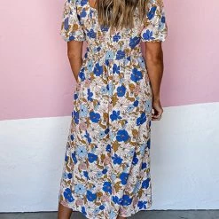 Levency Blue Floral Puff Sleeve Midi Dress