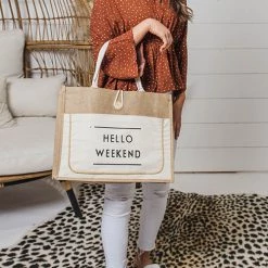 Levency HELLO WEEKEND Jute Tote Bag 16 Levency HELLO WEEKEND Jute Tote Bag