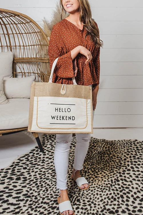 Levency HELLO WEEKEND Jute Tote Bag 7 Levency HELLO WEEKEND Jute Tote Bag