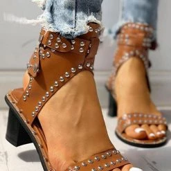 Levency New In Open Toe Rivet Chunky Heeled Sandals
