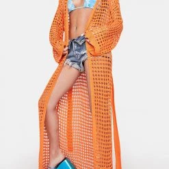Levency Knitted Pierced Solid Color Beach Coat