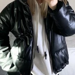 Levency New In Stand Collar PU Zipper Coat