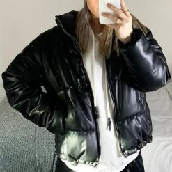 Levency New In Stand Collar PU Zipper Coat