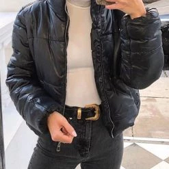 Levency New In Stand Collar PU Zipper Coat