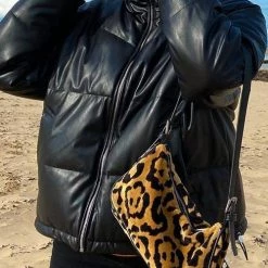 Levency New In Stand Collar PU Zipper Coat