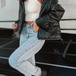 Levency New In Stand Collar PU Zipper Coat