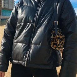 Levency New In Stand Collar PU Zipper Coat