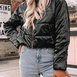 Levency New In Stand Collar PU Zipper Coat