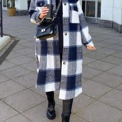 Levency Single Breasted Plaid Long Coat