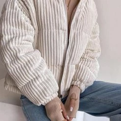 Levency Corduroy Stand Collar Puffer Coat