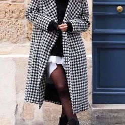 Levency New In Houndstooth Lapel Woolen Coat