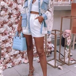 Levency Pockets Lace Denim Pacthwork Jackets New In