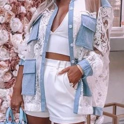 Levency Pockets Lace Denim Pacthwork Jackets New In