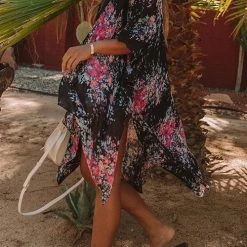 Levency Floral Print Slit Bat Cover Cardigan New In